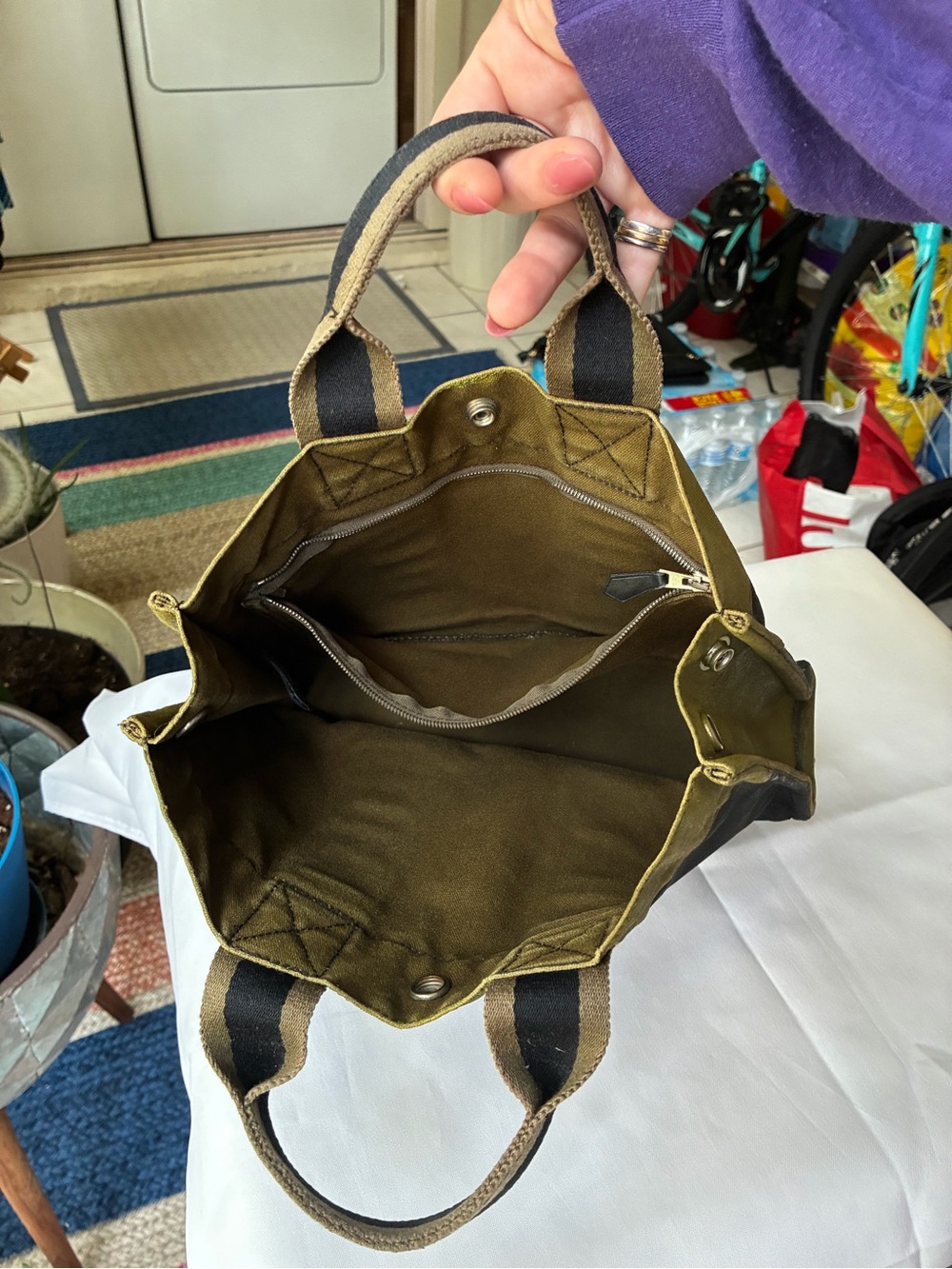 Luxury Hermès Fourre Tout Canvas Tote Bag – Charcoal Gray & Olive Green PM/MM - Picture 10 of 16